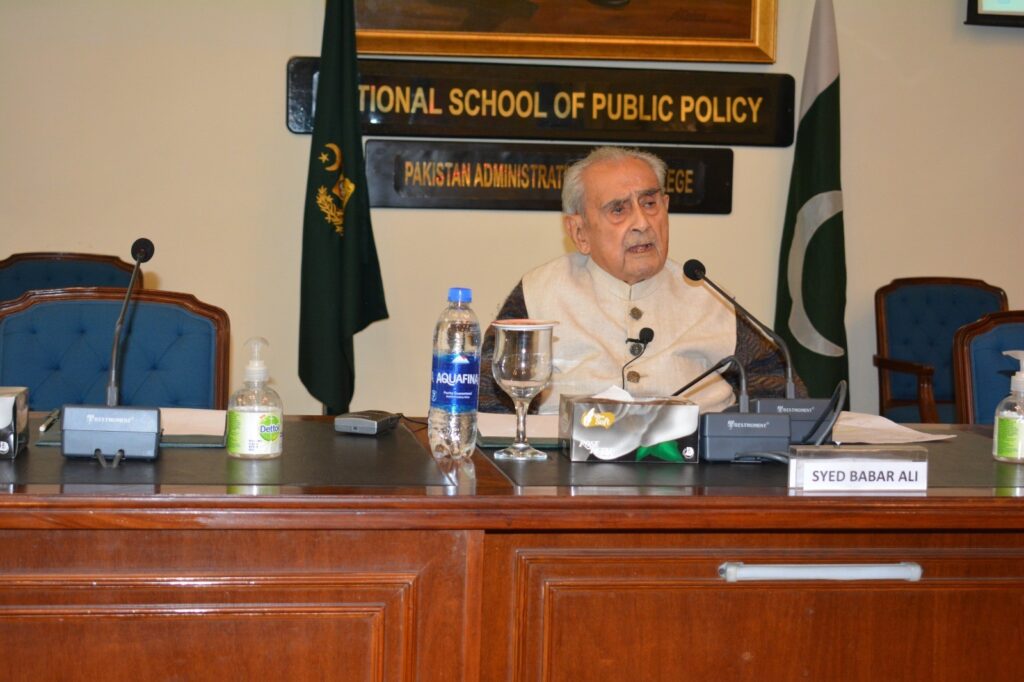 Syed Babar Ali speaking to Faculty and student of  National School of Public Policy Lahore on 07 February 2025
